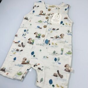 Elegant Baby Boy 6-9M White Romper New Organic Cotton Dog Woodland Animal Muslin